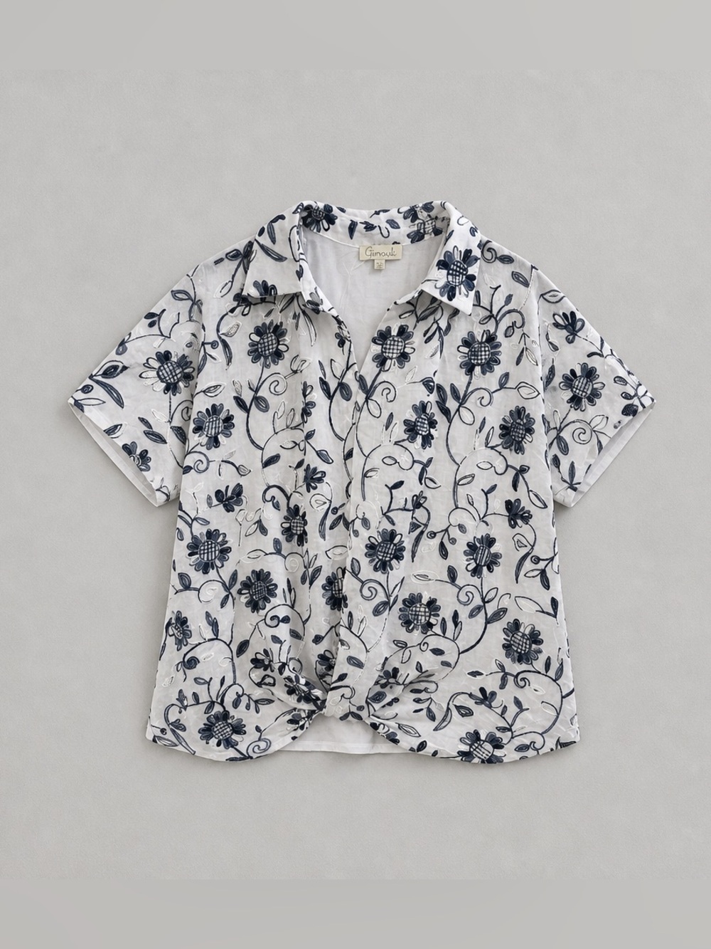 Chenault White Top with Navy Floral Embroidery
